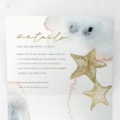 GOUD KATOENBLAUWE STRAND STER WATERVERF TROUWEN DRIELUIK UITNODIGING (Binnenzijde eerst)