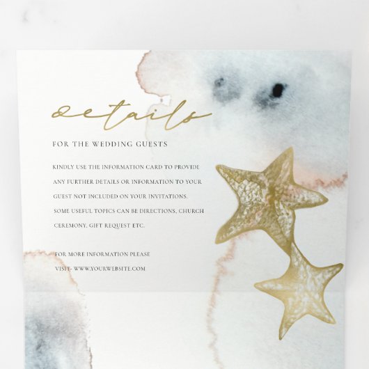 GOUD KATOENBLAUWE STRAND STER WATERVERF TROUWEN DRIELUIK UITNODIGING (Binnenzijde eerst)