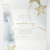 GOUD KATOENBLAUWE STRAND STER WATERVERF TROUWEN DRIELUIK UITNODIGING (Binnenkant midden)