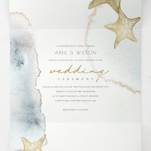 GOUD KATOENBLAUWE STRAND STER WATERVERF TROUWEN DRIELUIK UITNODIGING (Binnenkant midden)