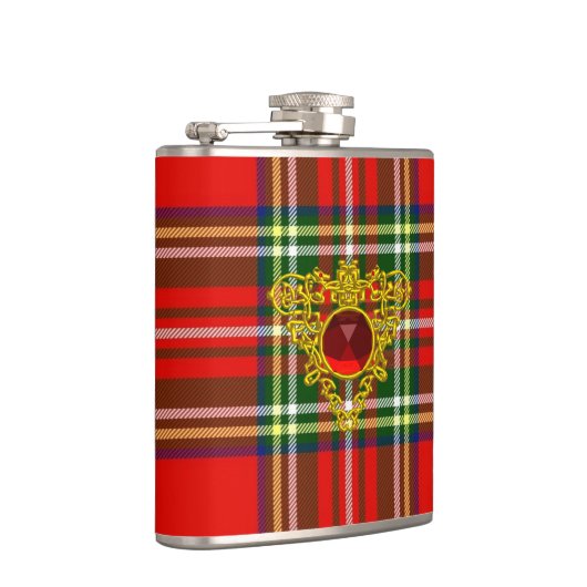 GOUD KELTISCH HART MET RODE RUBY OP SCHOTSE TARTAN HEUPFLES (Rechts)