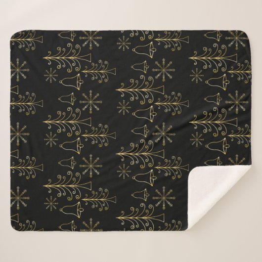 Goud kerstboomblauw en Snowflake Pattern Sherpa Deken (Voorkant (horizontaal))