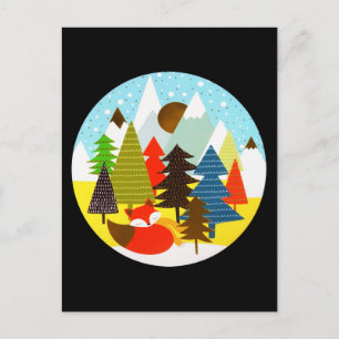 Goud kerstwinter Baby Fox Pine Forest Feestdagenkaart