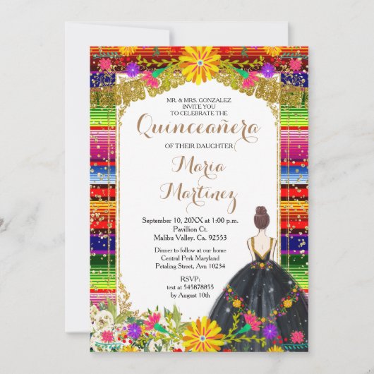 Goud Kleurrijke Bloemen Quinceañera Verjaardag Kaart (Voorkant)