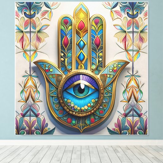 Goud Kleurrijke filigraan blauw-groen derde oog ha Canvas Afdruk (Insitu (Houten vloer))