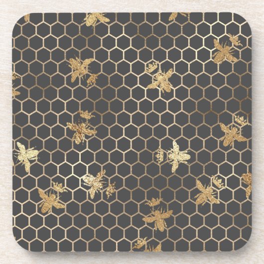 Goud koningin bij en honingraat op grijs bier onderzetter (Voorkant)