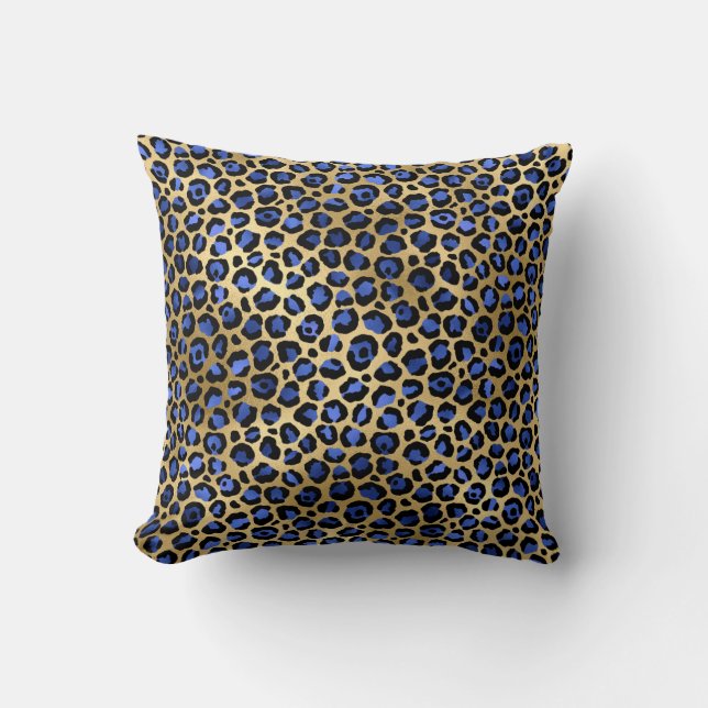 Goud & Koningsblauwe Glam Luipaardspattenprint Kussen (Voorkant)
