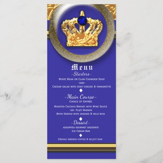Goud & Koninklijk Blauw Kroon Verjaardagsfeest Men Menu (Voorkant)