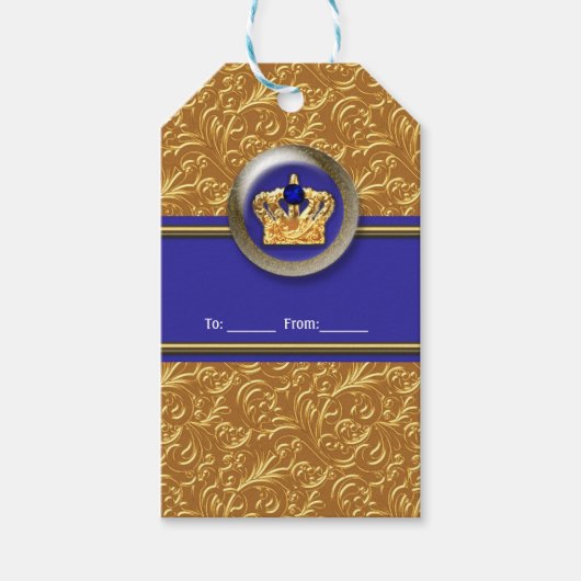Goud & Koninklijke Blauwe Kroon Verjaardagsfeestje Cadeaulabel (Voorkant)