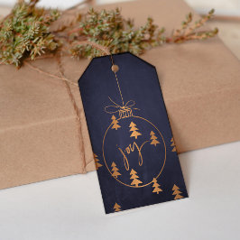 Goud Koper Kerst Decor en Bomen op Dark Navy Cadeaulabel