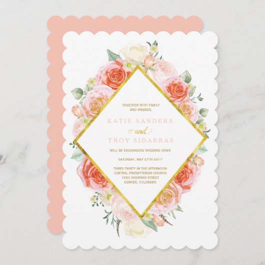 Goud, koraal, perzik en roze bruiloft kaart (Voorkant / Achterkant)