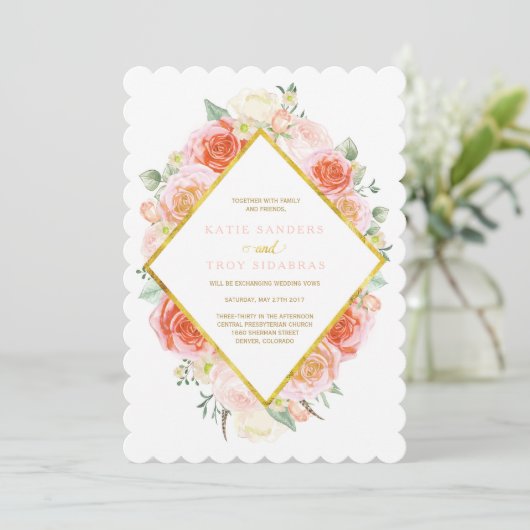 Goud, koraal, perzik en roze bruiloft kaart (Staand voorkant)