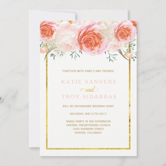 Goud, koraal, perzik en roze bruiloft kaart (Voorkant)