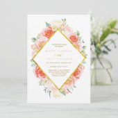 Goud, koraal, perzik en roze bruiloft kaart (Staand voorkant)
