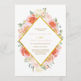 Goud, koraal, perzik en roze bruiloft kaart