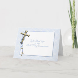 Goud kruis, blauwe Rosary Beads, communiqué Kaart