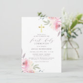 Goud kruis en geverfde bloemen Eerste Heilige Comm Kaart (Staand voorkant)