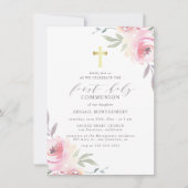 Goud kruis en geverfde bloemen Eerste Heilige Comm Kaart (Voorkant)