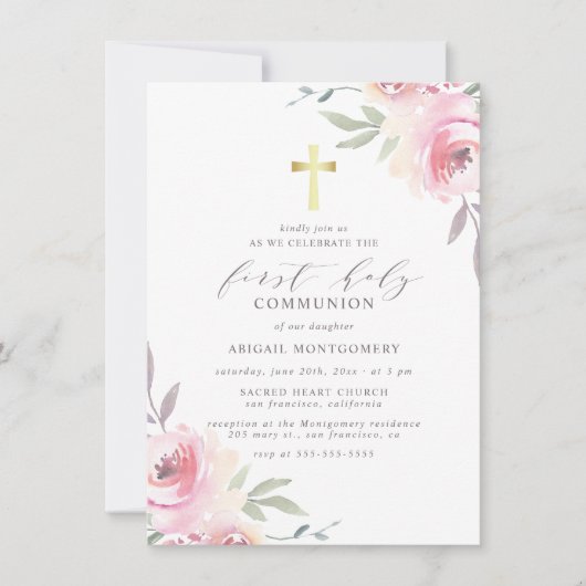 Goud kruis en geverfde bloemen Eerste Heilige Comm Kaart (Voorkant)