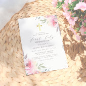 Goud kruis en geverfde bloemen Eerste Heilige Comm Kaart