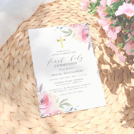Goud kruis en geverfde bloemen Eerste Heilige Comm Kaart