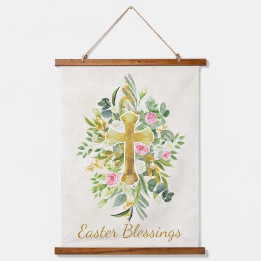 Goud kruis en roze rozen, aangepast Pasen Hangend Wandkleed (Voorkant)