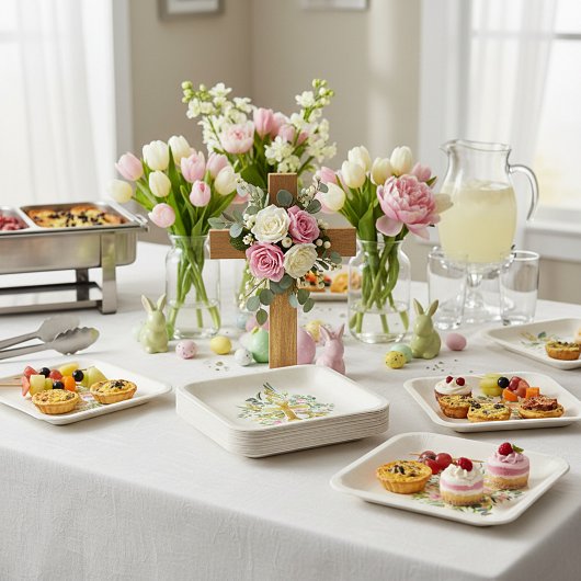 Goud kruis en roze rozen, aangepast Pasen Papieren Bordje