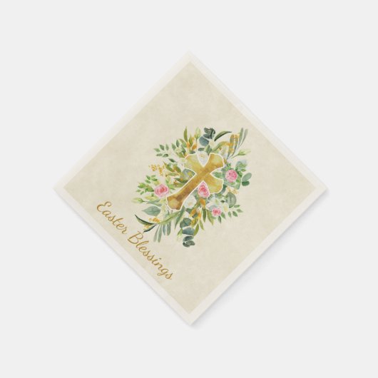 Goud kruis en roze rozen, aangepast Pasen Servet (Hoek)