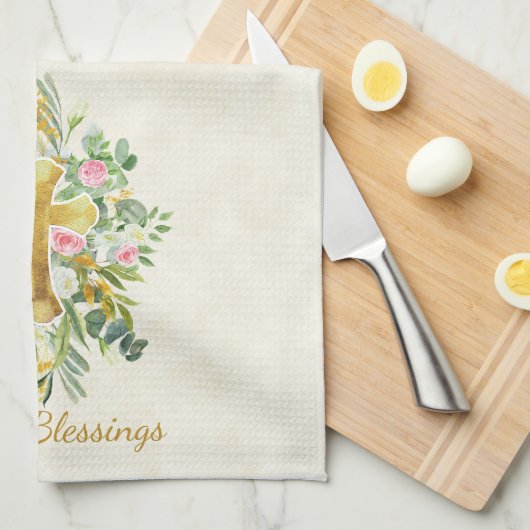 Goud kruis en roze rozen, aangepast Pasen Theedoek (Quarter Fold)