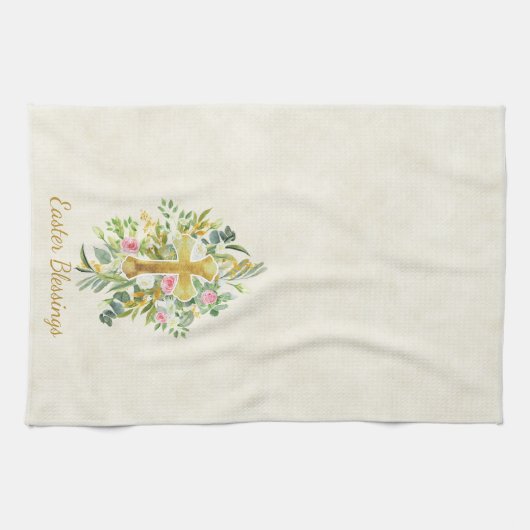 Goud kruis en roze rozen, aangepast Pasen Theedoek (Horizontaal)