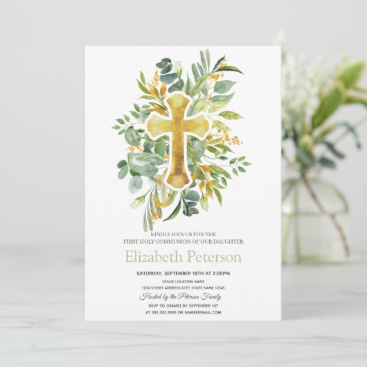 Goud kruis laat Stippen Eerste Heilige Communie Kaart (Staand voorkant)