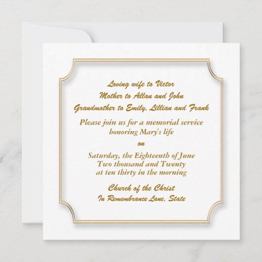 Goud kruis lijst op wit gedenkteken kaart (Achterkant)