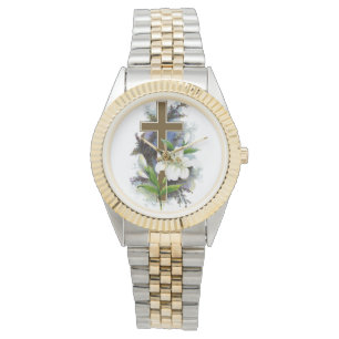 Goud kruis met witte ventilator horloge