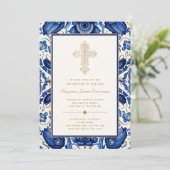 Goud  Kruisblauw Mediterraans Tegel Doop Kaart (Staand voorkant)