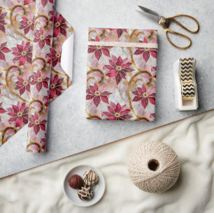 Goud Krult Burgundy Roze Kerst Poinsettia's Cadeaupapier