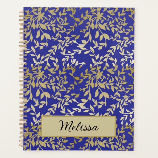 Goud laat Botanische Bloemen Diepblauw Script Planner (Voorkant)