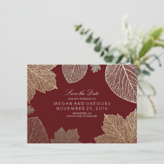 Goud laat Bourgondische Marsala de datum redden Save The Date (Staand voorkant)