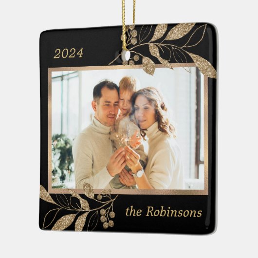 Goud laat familiefoto Zwarte Kerst achter Keramisch Ornament (Links)
