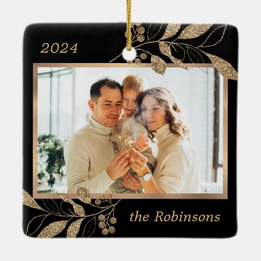 Goud laat familiefoto Zwarte Kerst achter Keramisch Ornament (Achterkant)