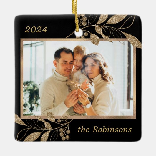 Goud laat familiefoto Zwarte Kerst achter Keramisch Ornament (Voorkant)