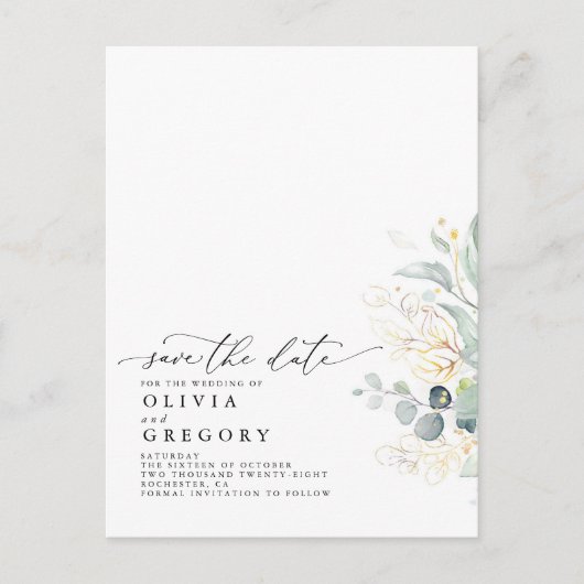 Goud laat groen Modern Elegant Save the Date Aankondigingskaart (Voorkant)