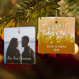 Goud laat het sneeuwen Eerste Kerstfoto Keramisch Ornament