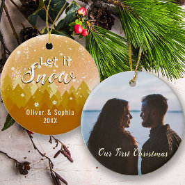 Goud laat het sneeuwen Eerste Kerstfoto Keramisch Ornament