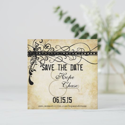 Goud lampje Burnt Black Funky Swirls Save the Date (Staand voorkant)