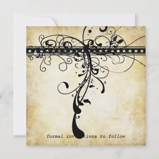 Goud lampje Burnt Black Funky Swirls Save the Date (Achterkant)