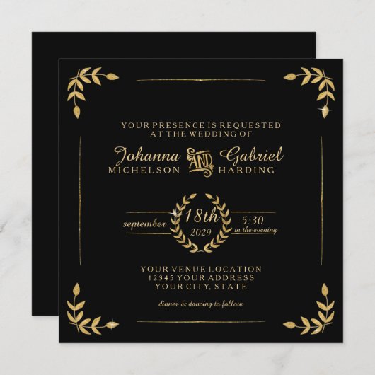 Goud Laurel Leaf Typografie Modern Eenvoudig Bruil Kaart (Voorkant / Achterkant)