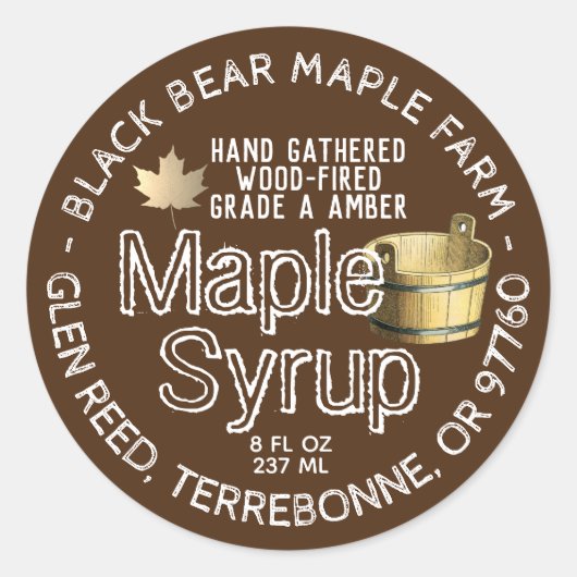 Goud leder en merkgebonden houtspuitstroop bruin ronde sticker (Voorkant)