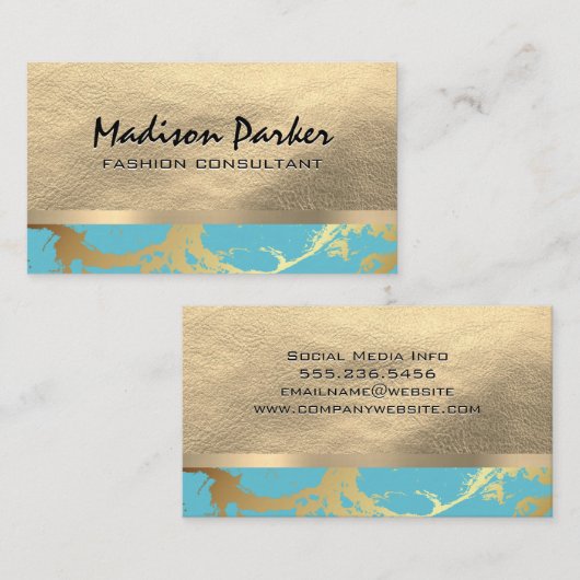 Goud leder en metaal | Blauwgroen goudmarmer Visitekaartje (Voorkant / Achterkant)