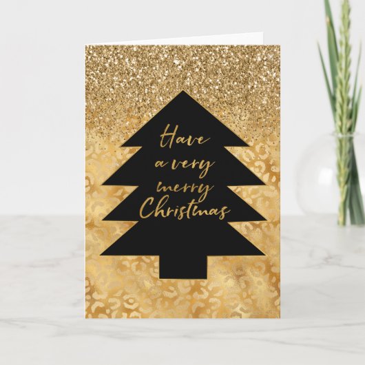 Goud Leopard Print Glitter Black Kerstboom Feestdagen Kaart (Voorkant)