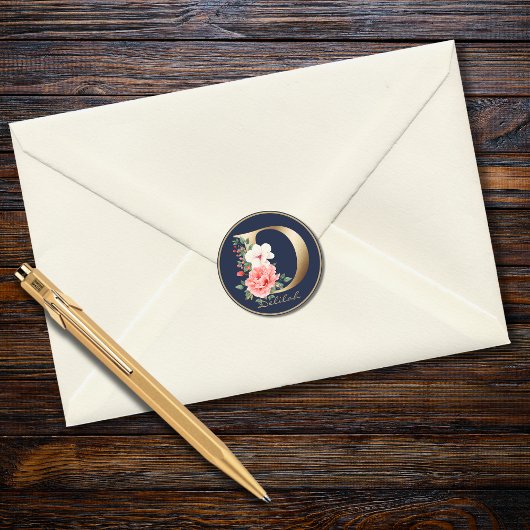 Goud Letter D Elegant Navy Floral Monogram Ronde Sticker